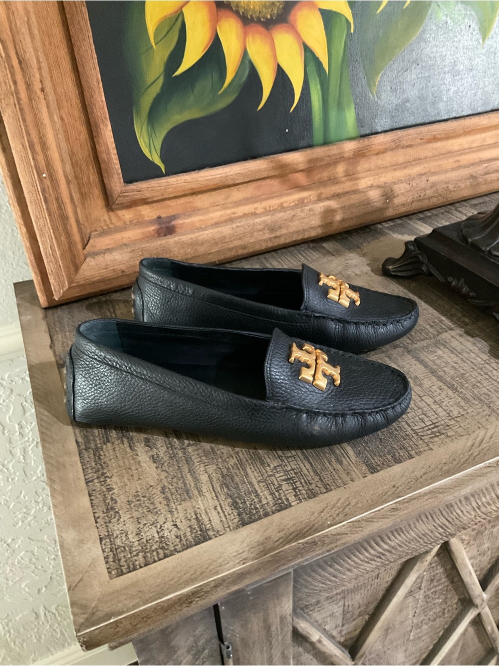 Tory Burch Black Leather Moccasin Loafers with Gold Logo